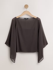 Chocolate Brown Sheer Layer Cape Sleeve Top with Cami - Image 5 of 7
