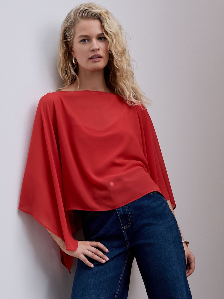 Red Sheer Layer Cape Sleeve Top with Cami - Image 2 of 6 Red Sheer Layer Cape Sleeve Top with Cami - Image 2 of 6