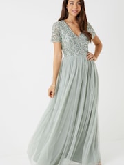 Maya Sage-Green Petite V Neck Short Sleeve Sequin Maxi Dress - Image 1 of 4