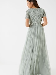 Maya Sage-Green Petite V Neck Short Sleeve Sequin Maxi Dress - Image 2 of 4