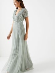 Maya Sage-Green Petite V Neck Short Sleeve Sequin Maxi Dress - Image 3 of 4