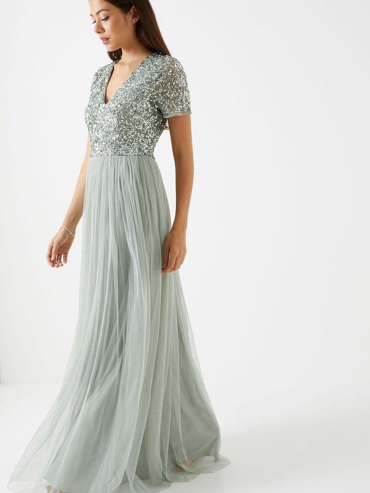 Sage-Green - Sukienka maxi Maya z cekinami, dekoltem w szpic i krótkim rękawem - Image 3 of 4