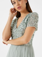 Maya Sage-Green Petite V Neck Short Sleeve Sequin Maxi Dress - Image 4 of 4