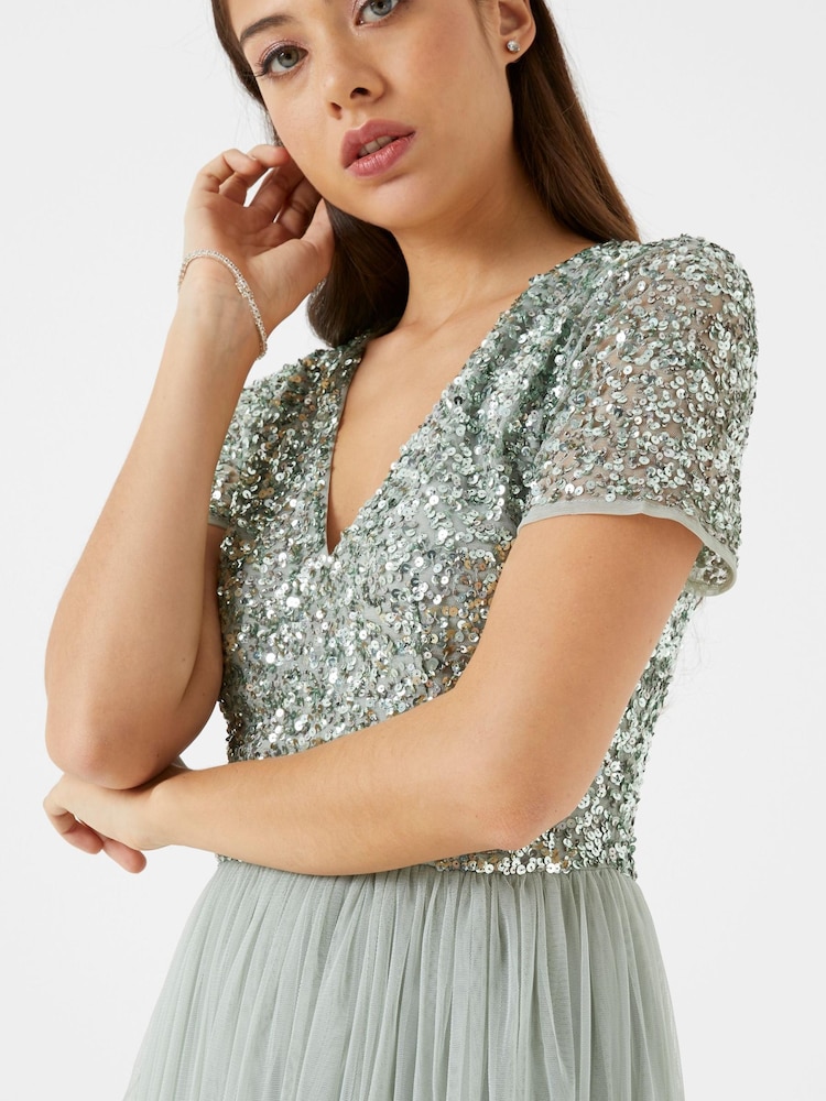 Maya Sage-Green Petite V Neck Short Sleeve Sequin Maxi Dress - Image 4 of 4