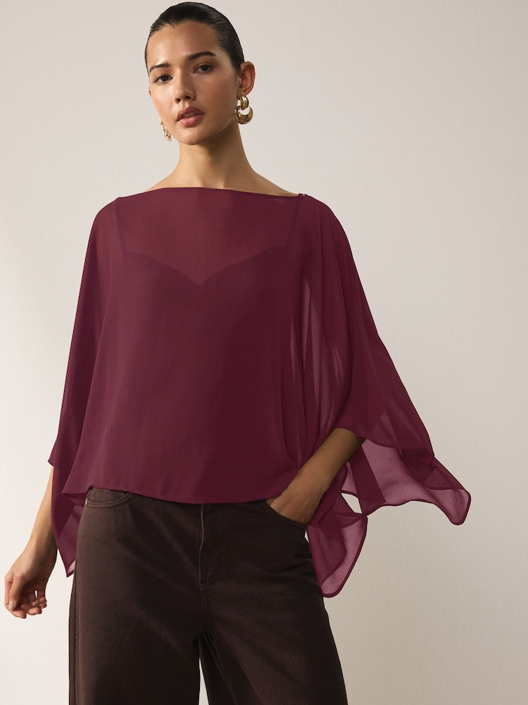 Wine Sheer Layer Cape Sleeve Top with Cami - Image 1 of 7 Wine Sheer Layer Cape Sleeve Top with Cami - Image 1 of 7