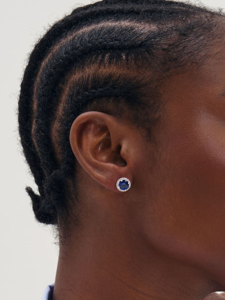 Simply Silver Brilliant Round Sapphire Clara Halo Studs Earrings - Attēls 1 no 3