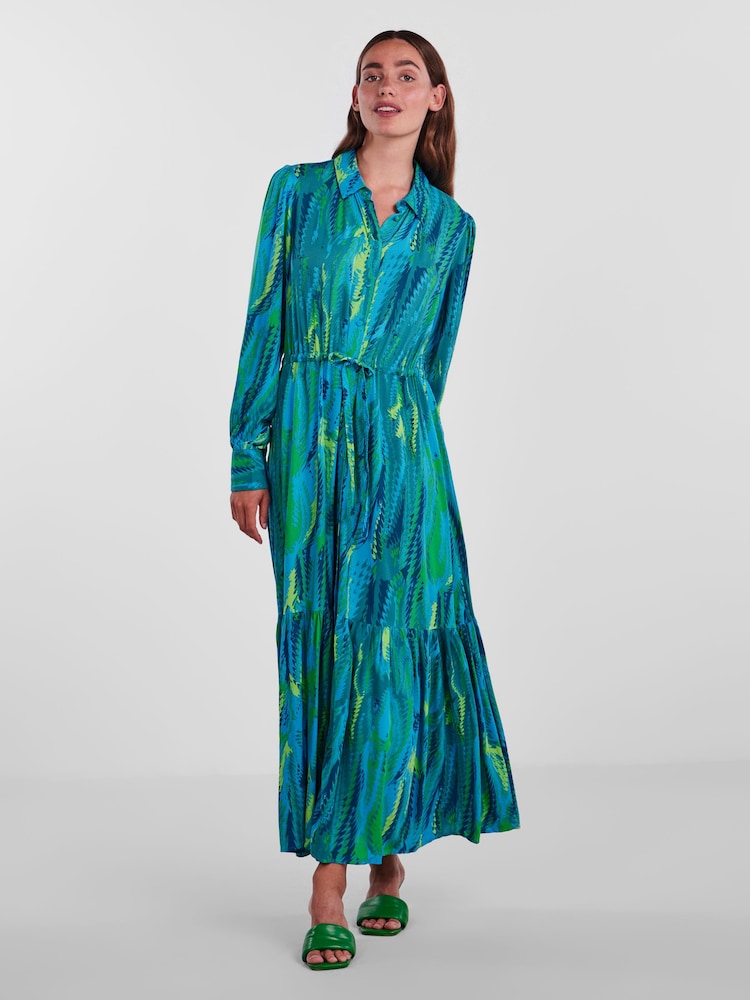 Y.A.S Blue Premium Printed Maxi Shirt Dress With Belt - Image 1 of 5 Y.A.S Blue Premium Printed Maxi Shirt Dress With Belt - Image 1 of 5