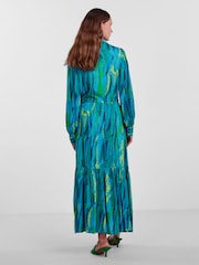 Y.A.S Blue Premium Printed Maxi Shirt Dress With Belt - Image 3 of 5