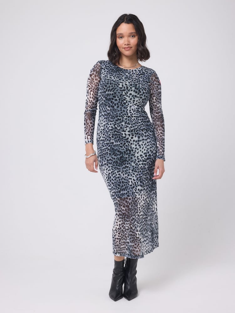 SCAMP & DUDE Grey Cheetah Mesh Midi Dress - Image 1 of 5