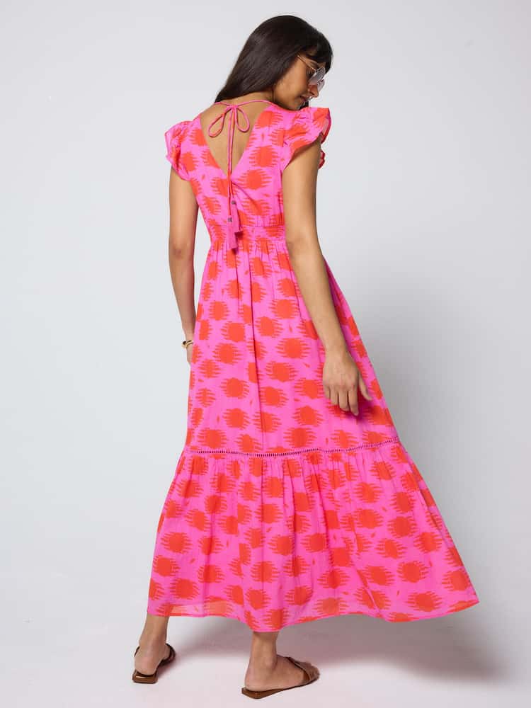 SCAMP & DUDE Pink Sun Print Shadow Broderie Sleeve Pintuck Midi Dress - Image 2 of 6 SCAMP & DUDE Pink Sun Print Shadow Broderie Sleeve Pintuck Midi Dress - Image 2 of 6