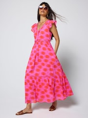 SCAMP & DUDE Pink Sun Print Shadow Broderie Sleeve Pintuck Midi Dress - Image 6 of 6