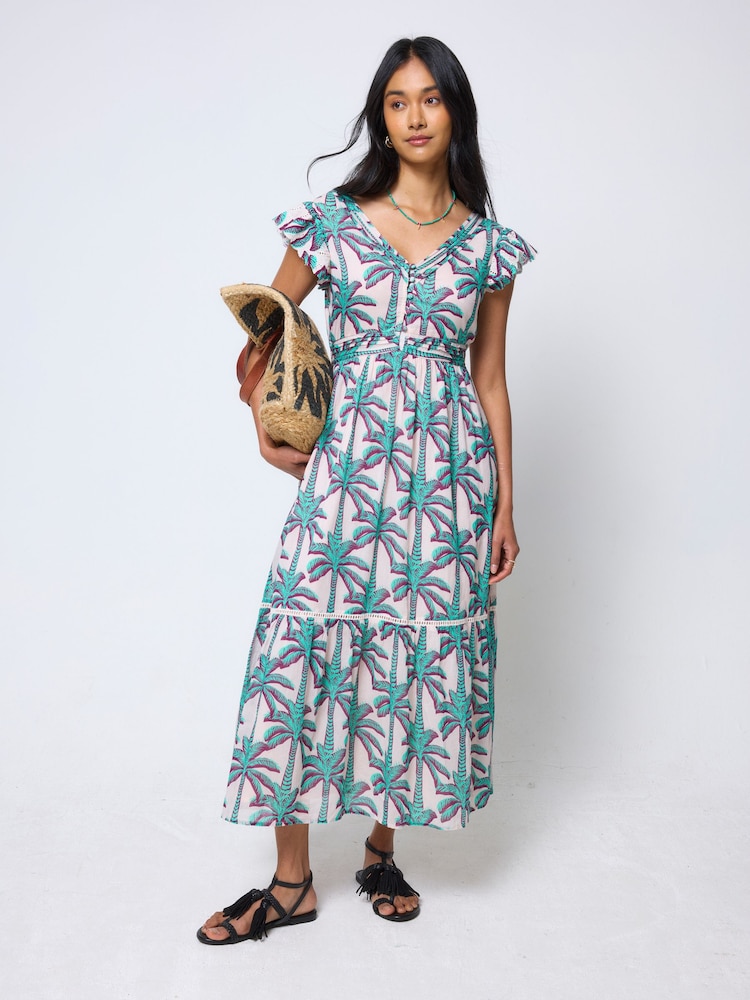 SCAMP & DUDE Cream Palm Print Shadow Broderie Sleeve Pintuck Midi Dress - Image 1 of 5 SCAMP & DUDE Cream Palm Print Shadow Broderie Sleeve Pintuck Midi Dress - Image 1 of 5