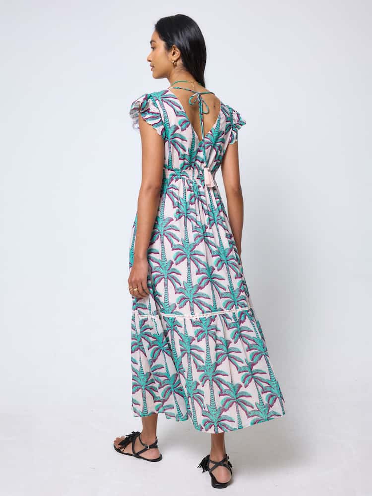 SCAMP & DUDE Cream Palm Print Shadow Broderie Sleeve Pintuck Midi Dress - Image 2 of 5 SCAMP & DUDE Cream Palm Print Shadow Broderie Sleeve Pintuck Midi Dress - Image 2 of 5