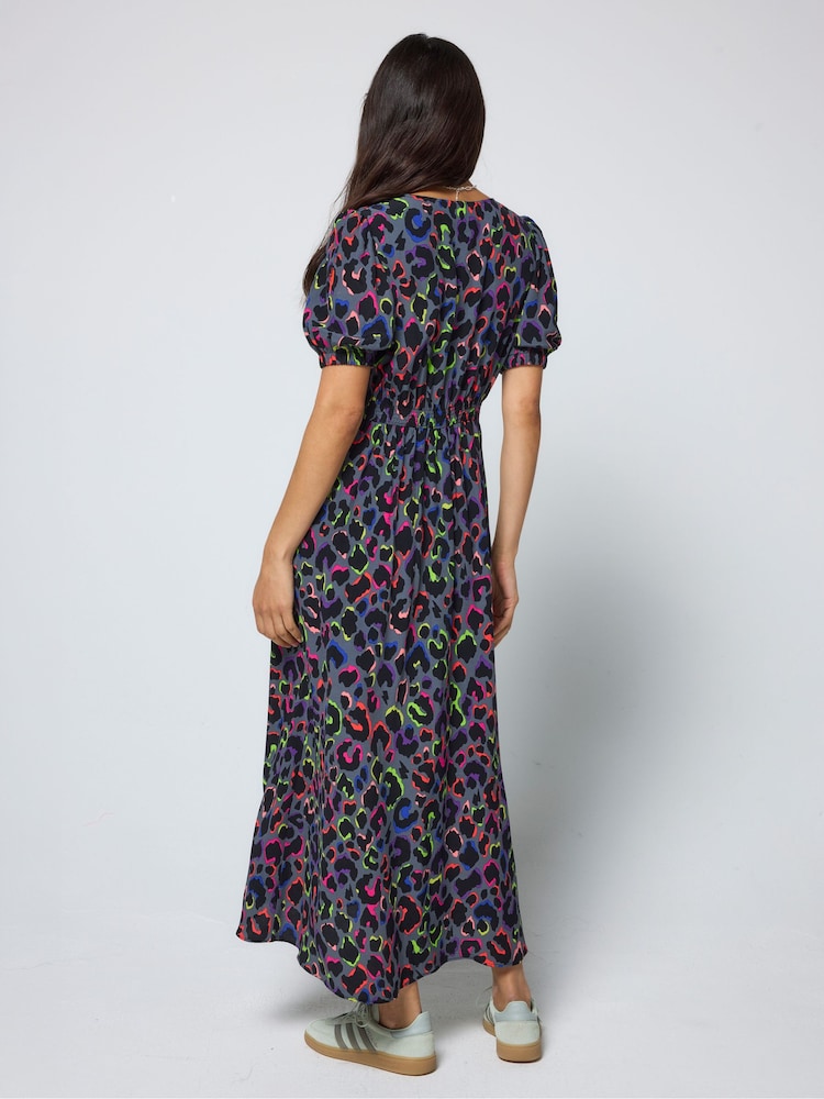 grey with rainbow shadow leopard flute sleeve midi tea dress Pale Khaki with Rainbow Shadow Leopard Flute Sleeve Midi Tea Dress Scamp & Dude
