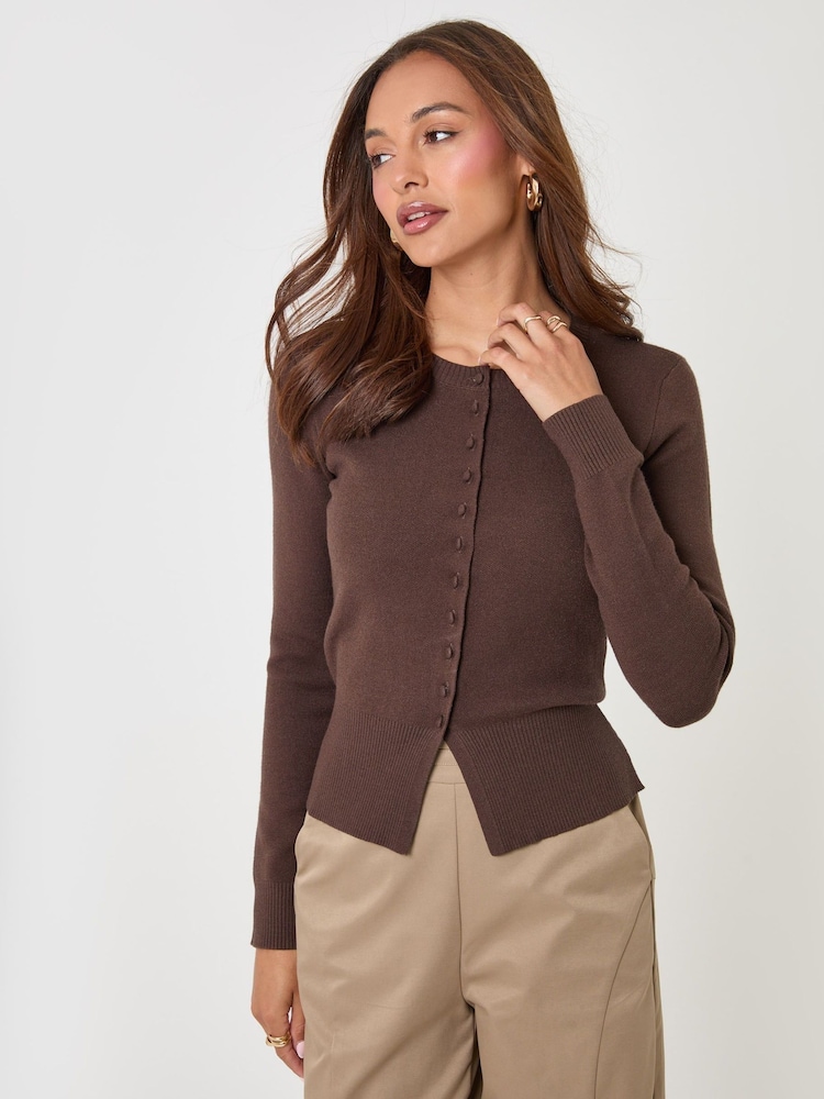 Qəhvəyi - Threadbare Crew Neck Knitted Cardigan - 1şəkildən 1 şəkil