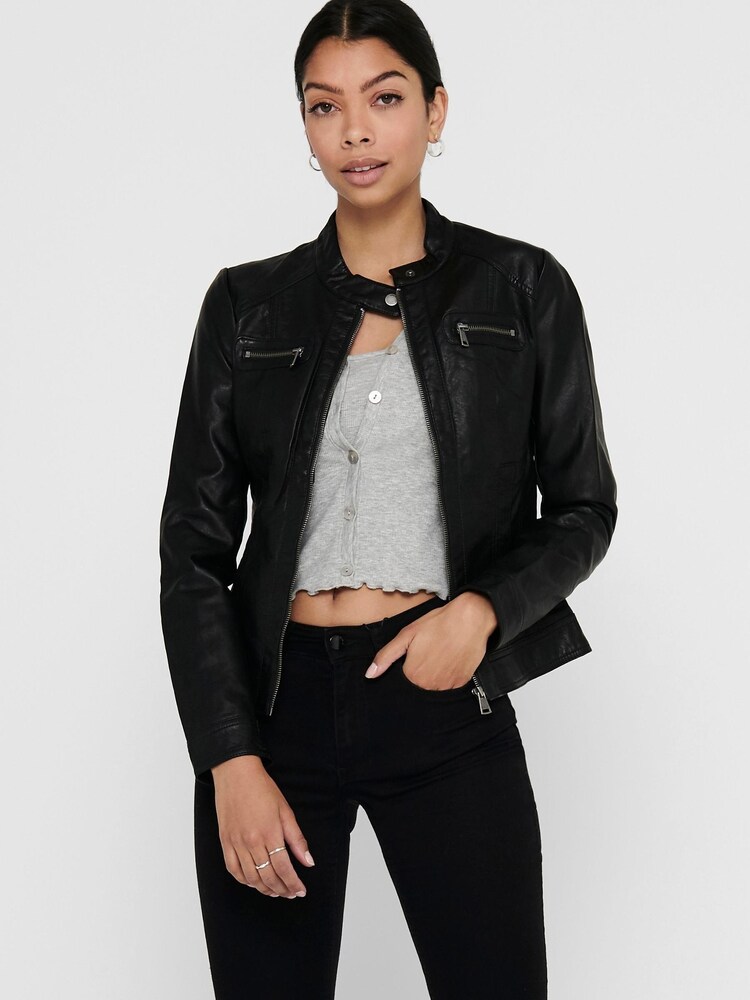Only Black Collarless Pu Biker Jacket - Image 2 of 5