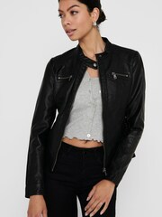 Only Black Collarless Pu Biker Jacket - Image 3 of 5