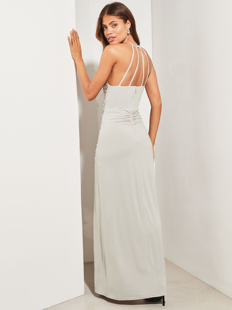 Lipsy Silver Petite Sequin Lace Halter Maxi Ruched Dress With Side Split - Image 2 of 4 Lipsy Silver Petite Sequin Lace Halter Maxi Ruched Dress With Side Split - Image 2 of 4