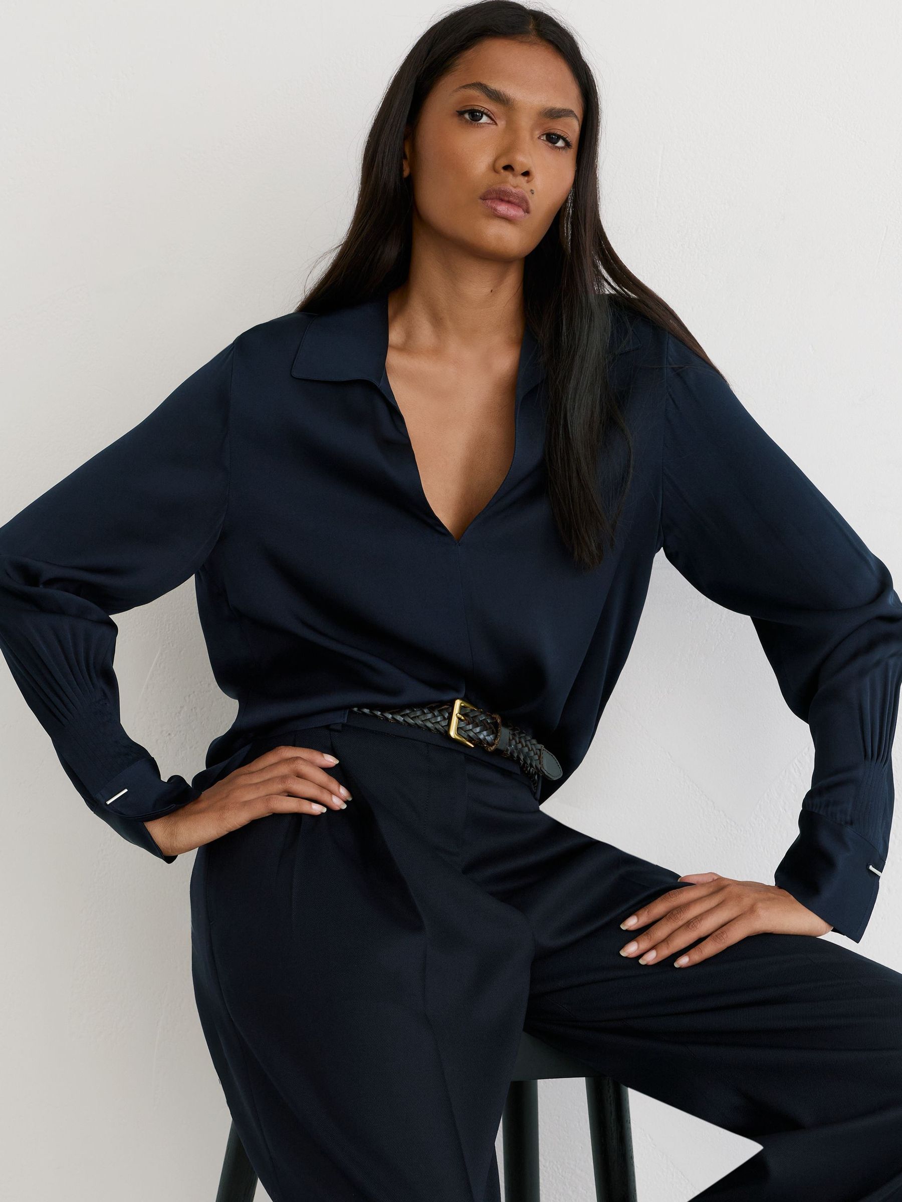 Reiss Navy Orla Silk-blend Open-collar Shirt In Blue