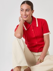 Threadbare Red Cable Knit Scallop Trim Polo Cardigan - Image 1 of 5