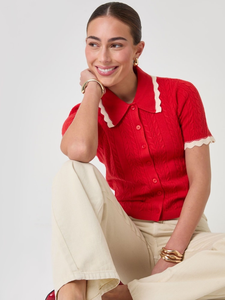 Threadbare Red Cable Knit Scallop Trim Polo Cardigan - Image 1 of 5