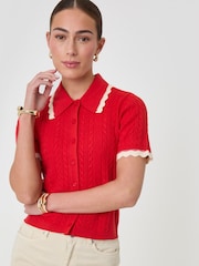 Threadbare Red Cable Knit Scallop Trim Polo Cardigan - Image 2 of 5