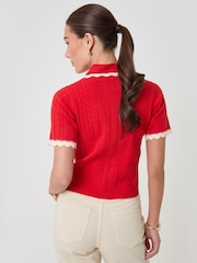 Threadbare Red Cable Knit Scallop Trim Polo Cardigan - Image 3 of 5