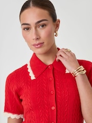 Threadbare Red Cable Knit Scallop Trim Polo Cardigan - Image 4 of 5