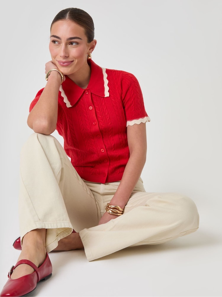 Threadbare Red Cable Knit Scallop Trim Polo Cardigan - Image 5 of 5