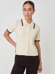 Threadbare Cream Cable Knit Scallop Trim Polo Cardigan - Image 1 of 4