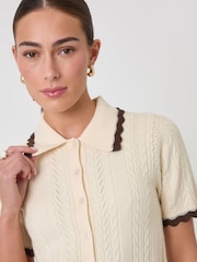 Threadbare Cream Cable Knit Scallop Trim Polo Cardigan - Image 2 of 4