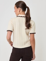 Threadbare Cream Cable Knit Scallop Trim Polo Cardigan - Image 3 of 4