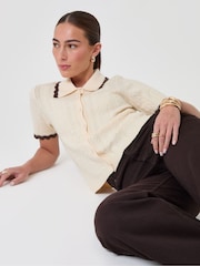 Threadbare Cream Cable Knit Scallop Trim Polo Cardigan - Image 4 of 4