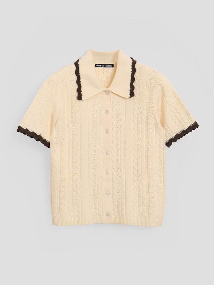 Threadbare Cream Cable Scallop Trim Polo Knitted Top - Image 5 of 5