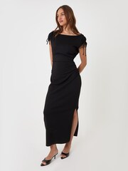Threadbare Black Ruched Shoulder Tie Midi Dress - Image 1 of 4