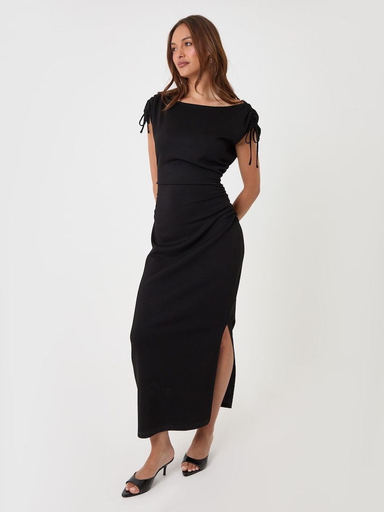 Threadbare Black Ruched Shoulder Tie Midi Dress - Image 1 of 4 Threadbare Black Ruched Shoulder Tie Midi Dress - Image 1 of 4