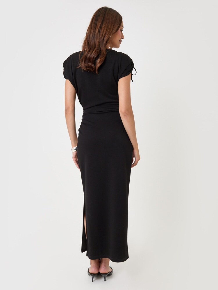 Threadbare Black Ruched Shoulder Tie Midi Dress - Image 2 of 4 Threadbare Black Ruched Shoulder Tie Midi Dress - Image 2 of 4