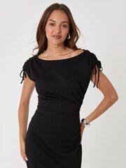 Threadbare Black Ruched Shoulder Tie Midi Dress - Image 3 of 4