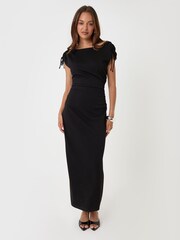 Threadbare Black Ruched Shoulder Tie Midi Dress - Image 4 of 4