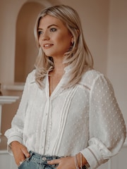 Love & Roses Ivory Dobby Polka Dot Lace Trim 3/4 Sleeve Button Through Blouse - Image 1 of 4