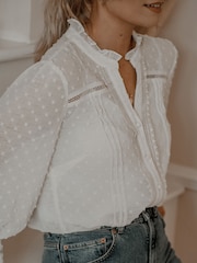 Love & Roses Ivory Dobby Polka Dot Lace Trim 3/4 Sleeve Button Through Blouse - Image 2 of 4