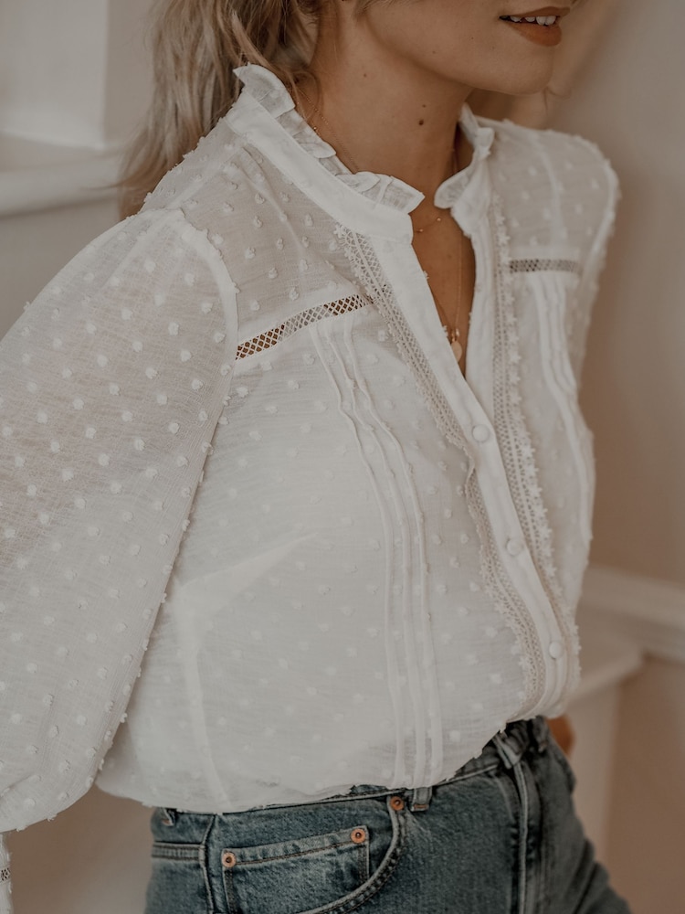 Love & Roses Ivory Dobby Polka Dot Lace Trim 3/4 Sleeve Button Through Blouse - Image 2 of 4