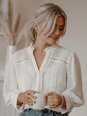 Love & Roses Ivory Dobby Polka Dot Lace Trim 3/4 Sleeve Button Through Blouse - Image 3 of 4