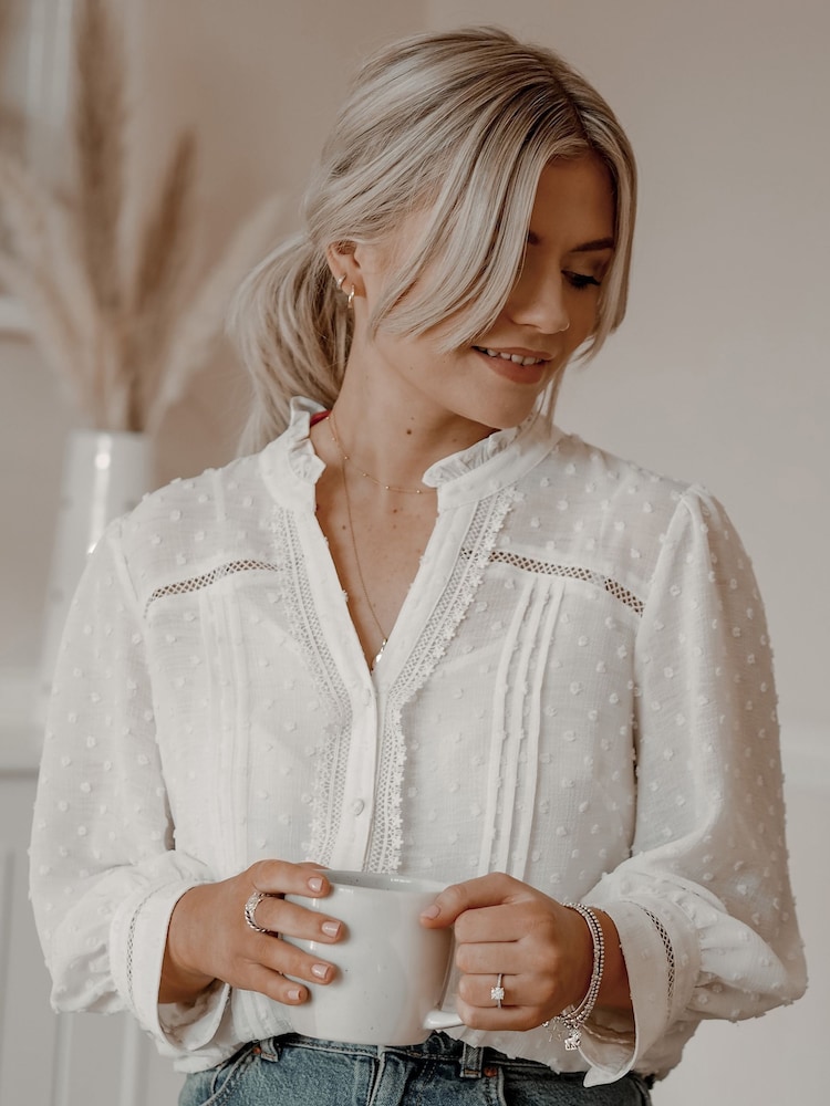 Love & Roses Ivory Dobby Polka Dot Lace Trim 3/4 Sleeve Button Through Blouse - Image 3 of 4