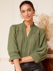 Love & Roses Khaki Dobby Spot Lace Trim 3/4 Sleeve Button Through Blouse - Image 1 of 4
