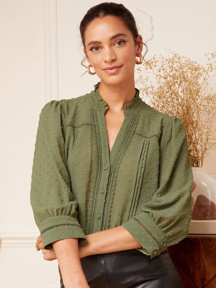 Love & Roses Khaki Dobby Spot Lace Trim 3/4 Sleeve Button Through Blouse - Image 1 of 4
