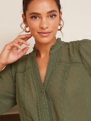 Love & Roses Khaki Dobby Spot Lace Trim 3/4 Sleeve Button Through Blouse - Image 2 of 4