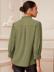 Love & Roses Khaki Dobby Spot Lace Trim 3/4 Sleeve Button Through Blouse - Image 3 of 4