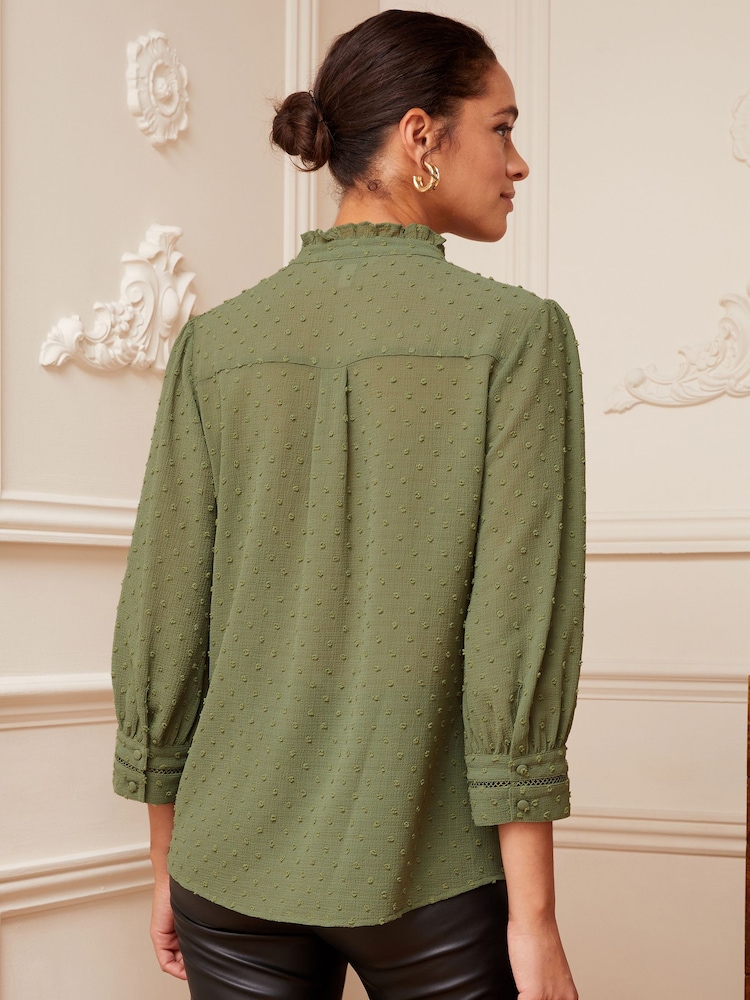 Love & Roses Khaki Dobby Spot Lace Trim 3/4 Sleeve Button Through Blouse - Image 3 of 4