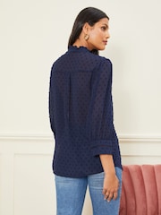 Love & Roses Navy Dobby Spot Lace Trim 3/4 Sleeve Button Through Blouse - Image 2 of 4
